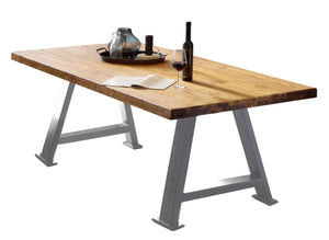 Tisch 220x100 cm, recyceltes Teak mit A-Gestell | Plattenstärke 20 mm aufgedoppelt auf 50 mm, Überstand 19cm