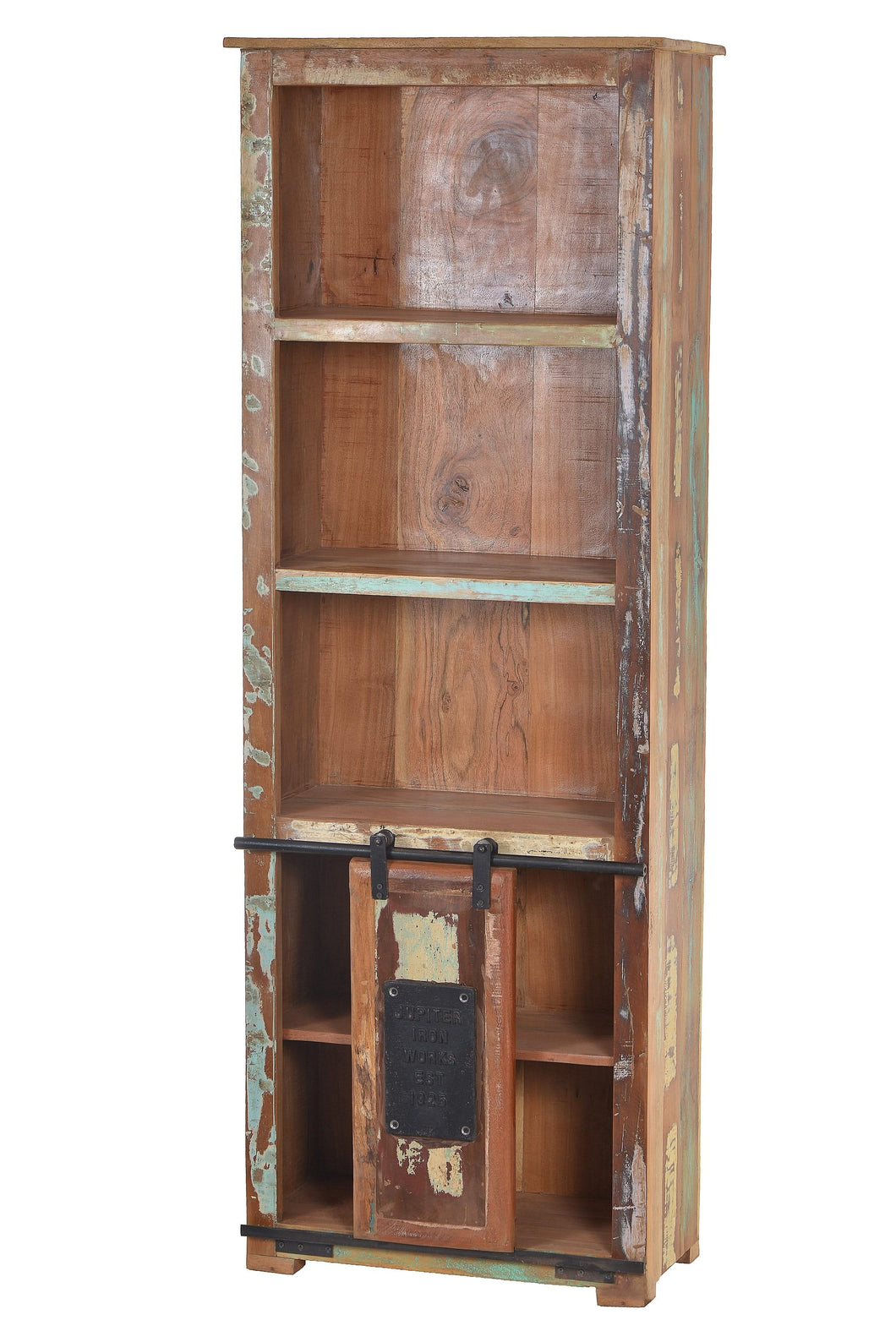 Bücherregal 5 Fächer, 1 Schiebetür | Fachmaße oben 58/51,5x26x39 cm, unten 58/51,5x26x26 cm, Öffnung neben der Schiebetür 26 cm, feste Böden