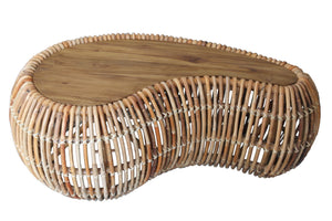 Couchtisch  Tischplatte aus Teak | Gestell aus Rattan-Geflecht