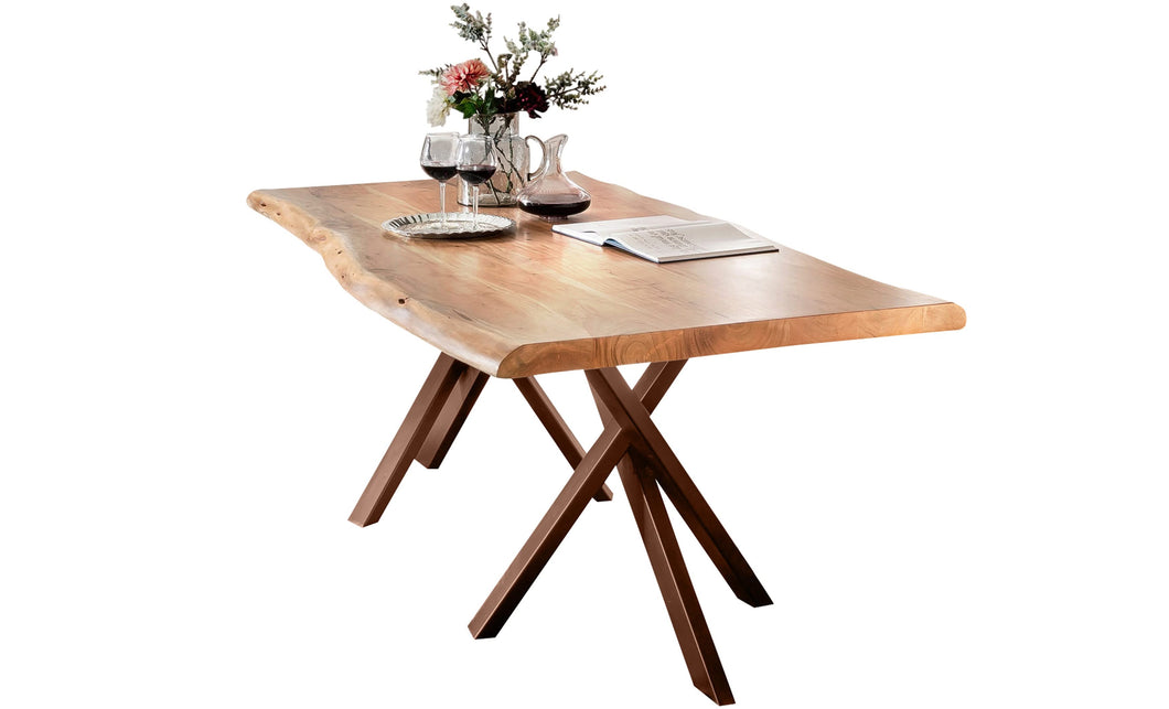 Tisch 200x100 cm, Akazie natur, 36 mm  mit Baumkante wie gewachsen und braunem Stern-Gestell