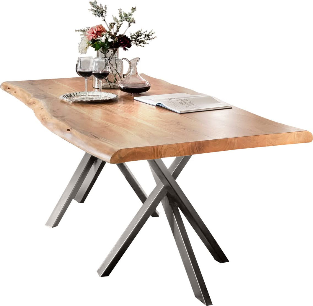Tisch 200x100 cm, Akazie natur, 56 mm  mit Baumkante wie gewachsen und silbernem Stern-Gestell