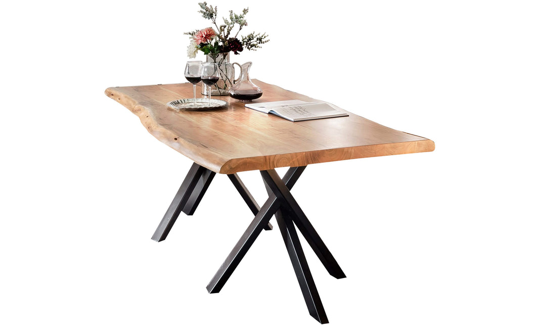 Tisch 240x100 cm, Akazie natur, 56 mm  mit Baumkante wie gewachsen und schwarzem Stern-Gestell