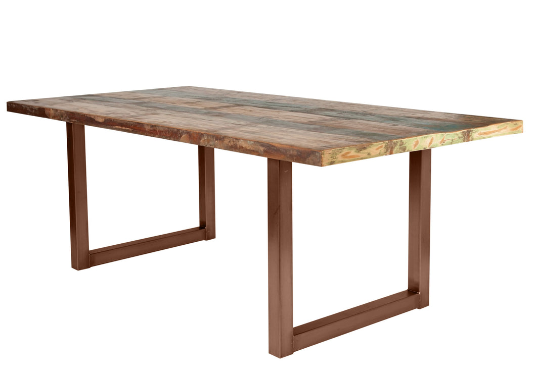 Tisch 220x100 cm, buntes Altholz mit braunem Kufengestell | Plattenstärke 20 mm auf 40 mm aufgedoppelt