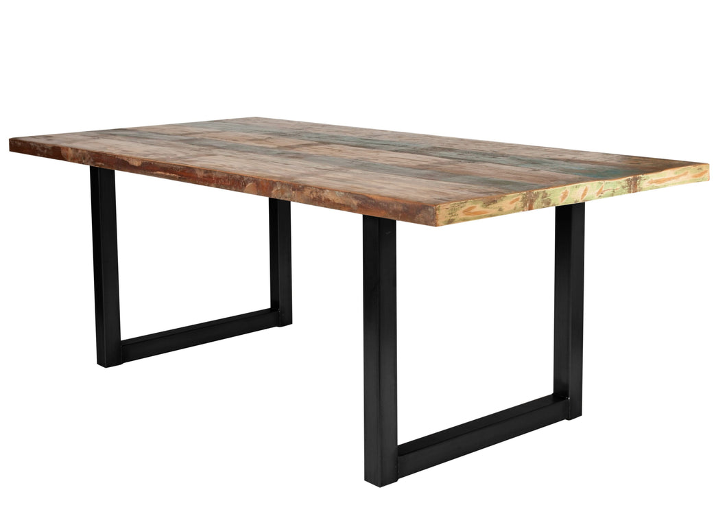 Tisch 220x100 cm, buntes Altholz mit schwarzem Kufengestell | Plattenstärke 20 mm auf 40 mm aufgedoppelt