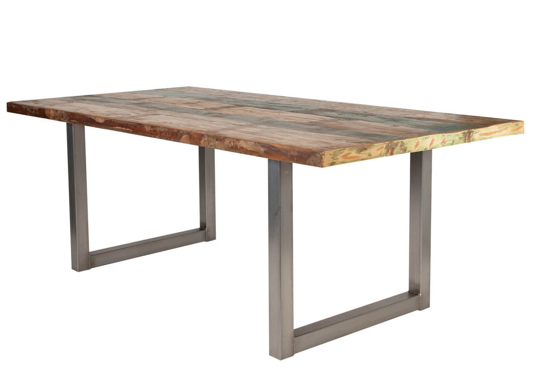 Tisch 220x100 cm, buntes Altholz mit silbernem Kufengestell | Plattenstärke 20 mm auf 40 mm aufgedoppelt