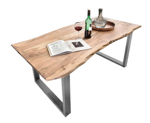 Tisch 160x85 cm, Akazie natur, 36 mm Baumkante wie gewachsen, mit silbernem Kufen-Gestell | Plattenstärke 36 mm, 20 cm bis zur kurzen Seite, 108 cm zwischen den Beinen
