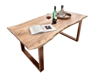 Tisch 200x100 cm, Akazie natur, 36 mm Baumkante wie gewachsen, mit braunem Kufen-Gestell | Plattenstärke 36 mm