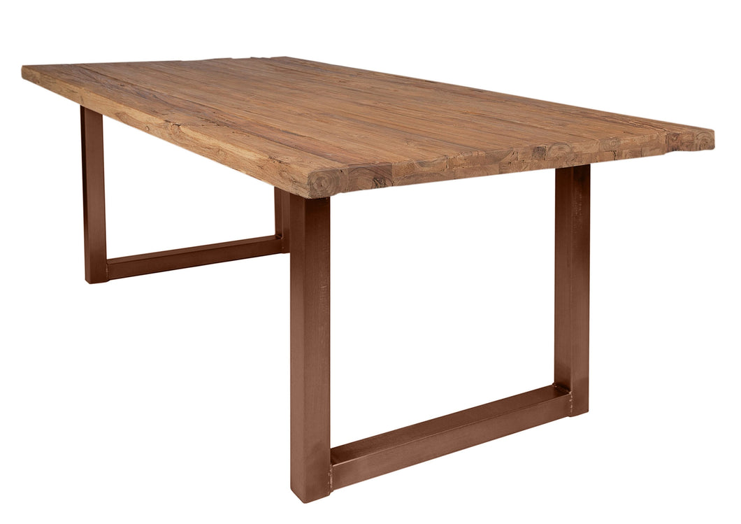 Tisch 220x100 cm, recyceltes Teak natur mit braunem Kufengestell | Plattenstärke 20 mm auf 50 mm aufgedoppelt, Abstand Gestell bis kurze Seite 25,5 cm, Abstand Gestell bis lange Seite 12,5 cm, Gestellbreite 6 cm