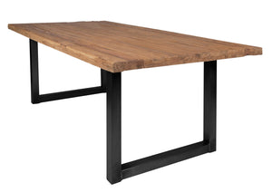 Tisch 220x100 cm, recyceltes Teak natur mit schwarzem Kufengestell | Plattenstärke 20 mm auf 50 mm aufgedoppelt, Abstand Gestell bis kurze Seite 25,5 cm, Abstand Gestell bis lange Seite 12,5 cm, Gestellbreite 6 cm