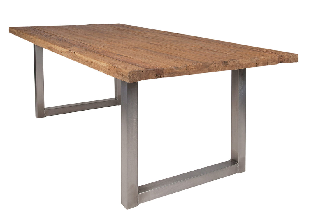 Tisch 220x100 cm, recyceltes Teak natur mit silbernem Kufengestell | Plattenstärke 20 mm auf 50 mm aufgedoppelt, Abstand Gestell bis kurze Seite 25,5 cm, Abstand Gestell bis lange Seite 12,5 cm, Gestellbreite 6 cm