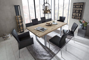 Tisch 200x100 cm, Wildeiche, silbernes Gestell  mit Baumkante wie gewachsen | Plattenstärke 20 mm auf 40 mm aufgedoppelt, Platte aus durchgehenden Lamellen, Abstand zwischen den Beinen 151 cm, Abstand Gestell zur Kante 16,5 cm, Gestellbreite 8 cm