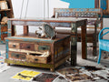 Couchtischtruhe 5 Schubladen, 1 Klappe | 3 Schubladen 16,5x32,5x7,5 cm, 2 Schubladen 30x32,5x7,5 cm, unter der Klappe: 80x39,5x37 cm, Stärke der Tischplatte 2,5 cm, Belastbarkeit 100 kg