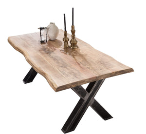 Tisch 160x90 cm Platte Mango mit Baumkante, X-Gestell im Used-Look | Plattenstärke aufgedoppelt auf 56 mm, Abstand zwischen den Beinen: 90 cm, Rohr 10 x 10 cm, Wandstärke 1,4 mm, untere Höhe der Kreuzung 28 cm, obere Höhe 45 cm