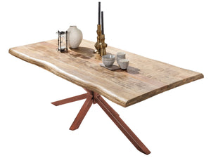Tisch 200x100 cm Platte Mango mit Baumkante, braunes Stern-Gestell | Plattenstärke aufgedoppelt auf 56 mm