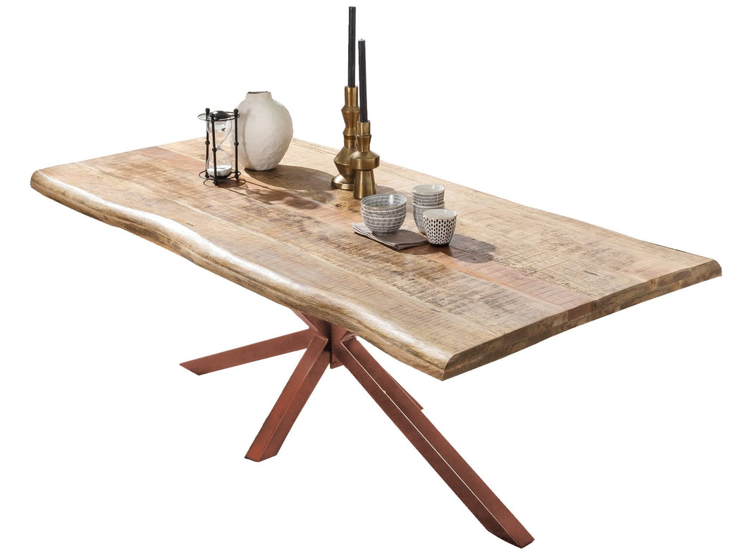 Tisch 200x100 cm Platte Mango mit Baumkante, braunes Stern-Gestell | Plattenstärke aufgedoppelt auf 56 mm