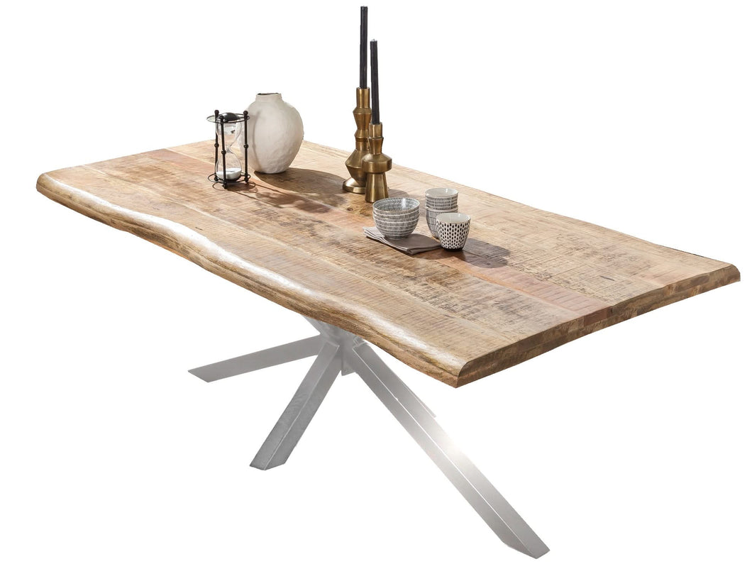 Tisch 160x90 cm Platte Mango mit Baumkante, silbernes Stern-Gestell | Plattenstärke aufgedoppelt auf 56 mm