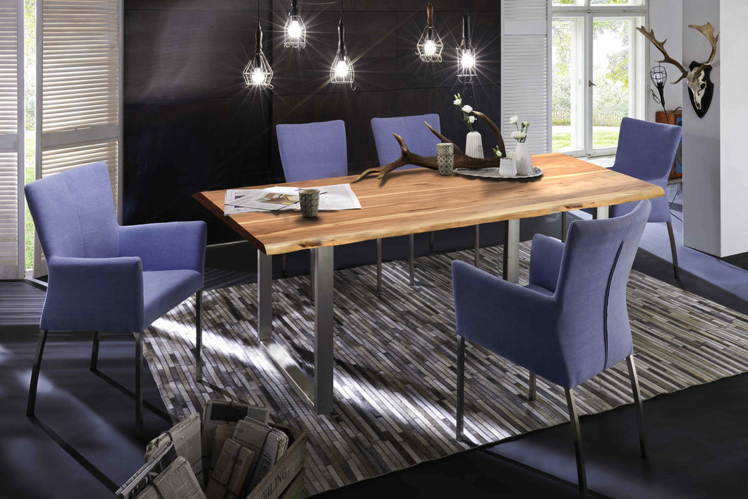 Tisch 180 x 90 cm, Gestell silber  mit Baumkante wie gewachsen