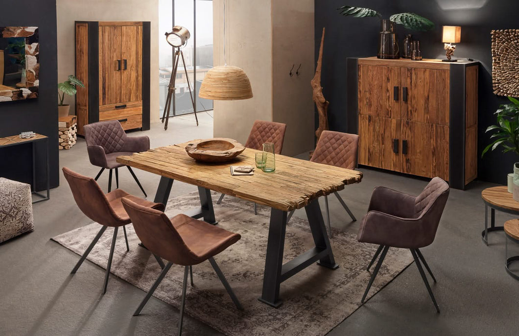 Tisch 160x90 cm Platte Teak mit Bruchkante, schwarzes A-Gestell | Plattenstärke auf 50 mm aufgedoppelt, Abstand zwischen Beinen 100 cm, Überstand 19cm