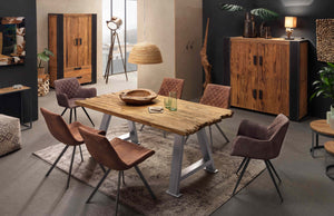 Tisch 220x100 cm Platte Teak mit Bruchkante, silbernes A-Gestell | Plattenstärke auf 50 mm aufgedoppelt, Abstand zwischen Beinen 150 cm, Überstand 19cm