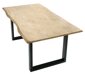 Tisch 140 x 80 cm, Platte hell gekälkt, Gestell schwarz  mit Baumkante wie gewachsen