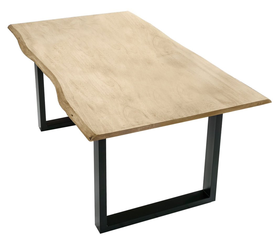 Tisch 140 x 80 cm, Platte hell gekälkt, Gestell schwarz  mit Baumkante wie gewachsen