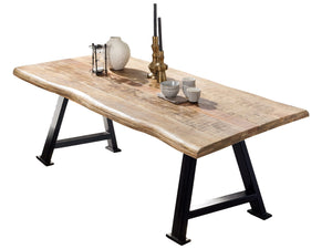 Tisch 240x100 cm Platte Mango mit Baumkante, schwarzes A-Gestell | Plattenstärke aufgedoppelt auf 56 mm, Breite der Vierkantrohre 5 cm, Überstand 19cm