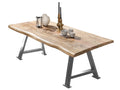 Tisch 220x100 cm Platte Mango mit Baumkante, silbernes A-Gestell | Plattenstärke aufgedoppelt auf 56 mm, Breite der Vierkantrohre 5 cm, Überstand 19cm