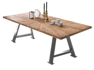 Tisch 220x100 cm Platte Teak mit Sonnenmuster, silbernes A-Gestell | Plattenstärke aufgedoppelt auf 50 mm, Breite der Vierkantrohre 5 cm, Überstand 19cm