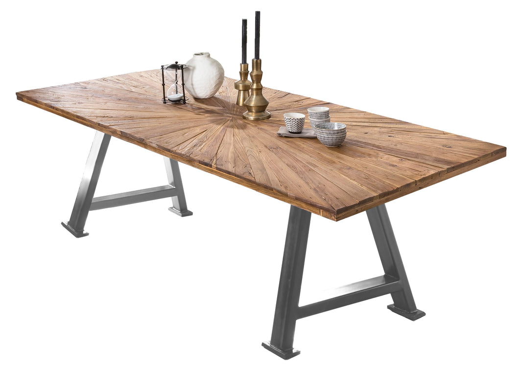 Tisch 220x100 cm Platte Teak mit Sonnenmuster, silbernes A-Gestell | Plattenstärke aufgedoppelt auf 50 mm, Breite der Vierkantrohre 5 cm, Überstand 19cm