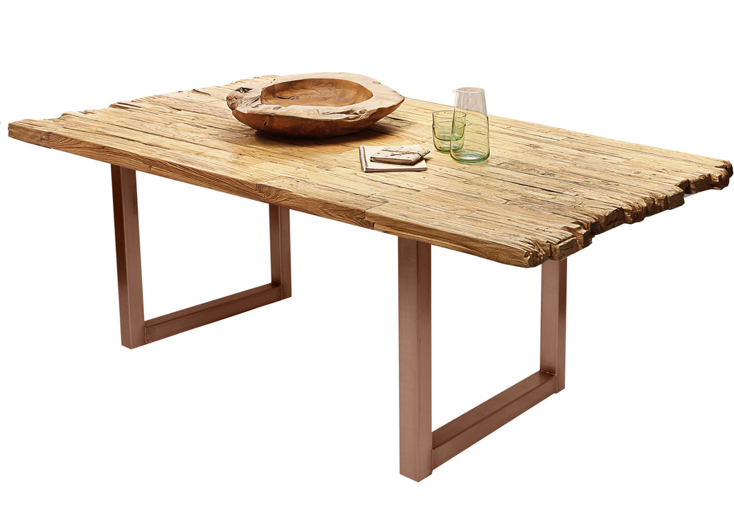 Tisch 240x100 cm Platte Teak mit Bruchkante, braunes Kufen-Gestell | Plattenstärke aufgedoppelt auf 50 mm, Breite der Vierkantrohre 6 cm, Überstand 20cm
