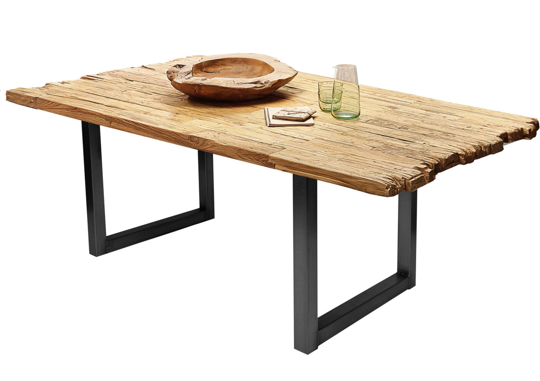 Tisch 180x100 cm Platte Teak mit Bruchkante, schwarzes Kufen-Gestell | Plattenstärke aufgedoppelt auf 50 mm, Breite der Vierkantrohre 6 cm, Überstand 20cm