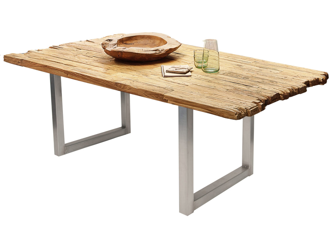 Tisch 200x100 cm Platte Teak mit Bruchkante, silbernes Kufen-Gestell | Plattenstärke aufgedoppelt auf 50 mm, Breite der Vierkantrohre 6 cm, Überstand 20cm