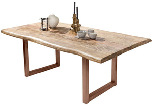 Tisch 180x90 cm Platte Mango mit Baumkante, braunes Kufen-Gestell | Plattenstärke aufgedoppelt auf 56 mm, Breite der Vierkantrohre 6 cm, Überstand 20cm