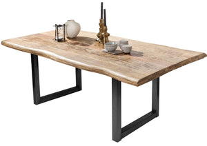 Tisch 240x100 cm Platte Mango mit Baumkante, schwarzes Kufen-Gestell | Plattenstärke aufgedoppelt auf 56 mm, Breite der Vierkantrohre 6 cm, Überstand 20cm