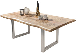 Tisch 200x100 cm Platte Mango mit Baumkante, silbernes Kufen-Gestell | Plattenstärke aufgedoppelt auf 56 mm, Breite der Vierkantrohre 6 cm, Überstand 20cm
