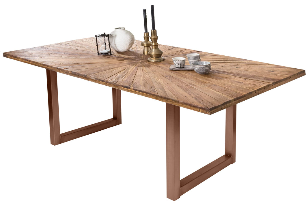 Tisch 200x100 cm Platte Teak mit Sonnenmuster, braunes Kufen-Gestell | Plattenstärke 50 mm, Breite der Vierkantrohre 6 cm, Überstand 20cm