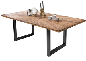 Tisch 240x100 cm Platte Teak mit Sonnenmuster, schwarzes Kufen-Gestell | Plattenstärke 50 mm, Breite der Vierkantrohre 6 cm