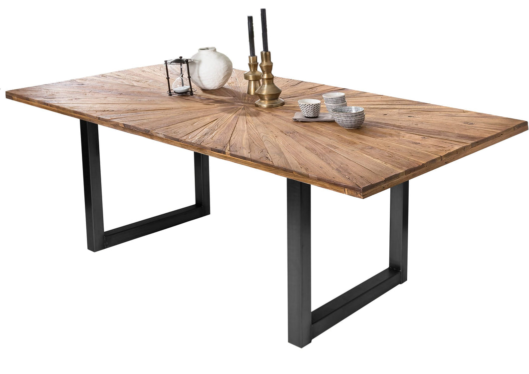 Tisch 240x100 cm Platte Teak mit Sonnenmuster, schwarzes Kufen-Gestell | Plattenstärke 50 mm, Breite der Vierkantrohre 6 cm