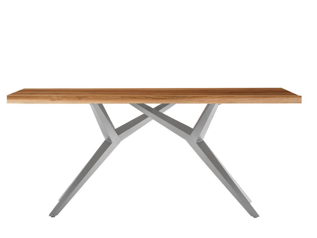 Tisch 200x100 cm Platte Teak natur, extravagantes silbernes Gestell | Plattenstärke 20 mm auf 50 mm aufgedoppelt