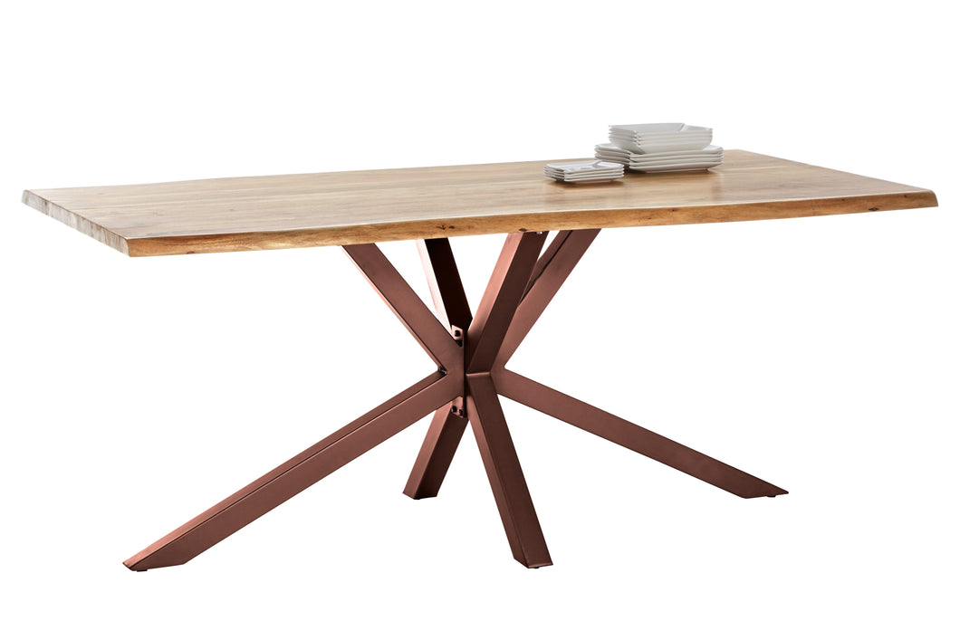 Tisch 240x100 cm, Akazie natur mit Baumkante wie gewachsen und braunem Stern-Gestell | Plattenstärke 56 mm, Vierkantrohre 6x6 cm