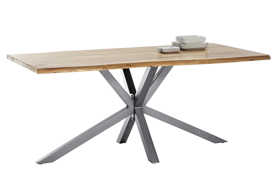 Tisch 180x90 cm, Akazie natur mit Baumkante wie gewachsen und silbernem Stern-Gestell | Plattenstärke 36 mm, Vierkantrohre 6x6 cm
