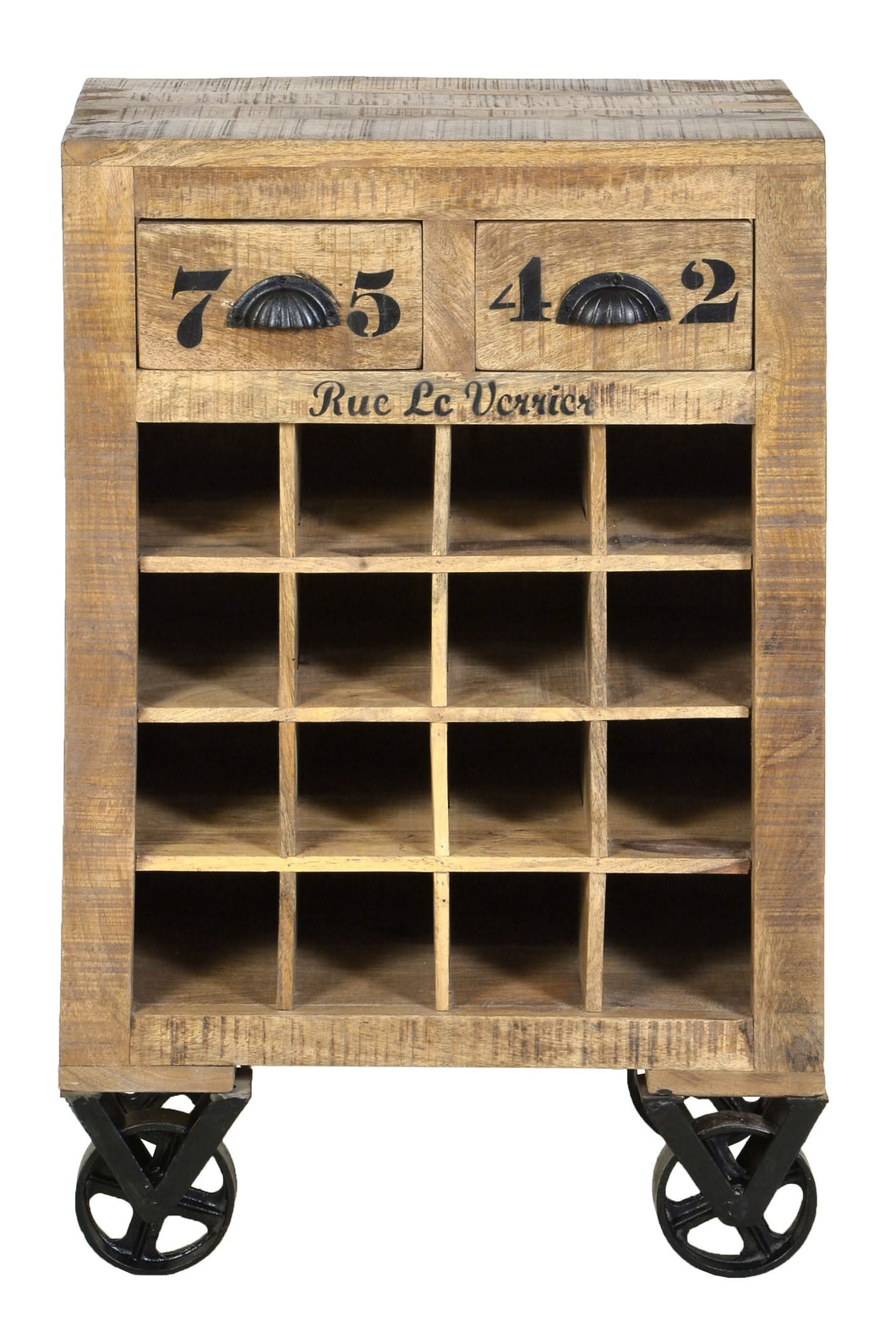 Wein-Kommode  auf Rollen, 2 Schubladen, Ablage für 16 Flaschen | Schubladeninnenmaß 46,5x32x 9,5 cm (19 cm ausziehbar), Fächer: 10x10x34 cm, maximale Belastbarkeit 50 kg
