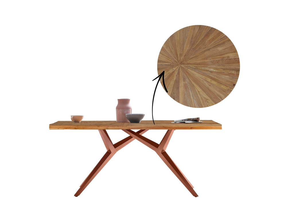 Tisch 180x100 cm Platte Teak mit Sonnenmuster, extravagantes braunes Gestell | Plattenstärke 50 mm