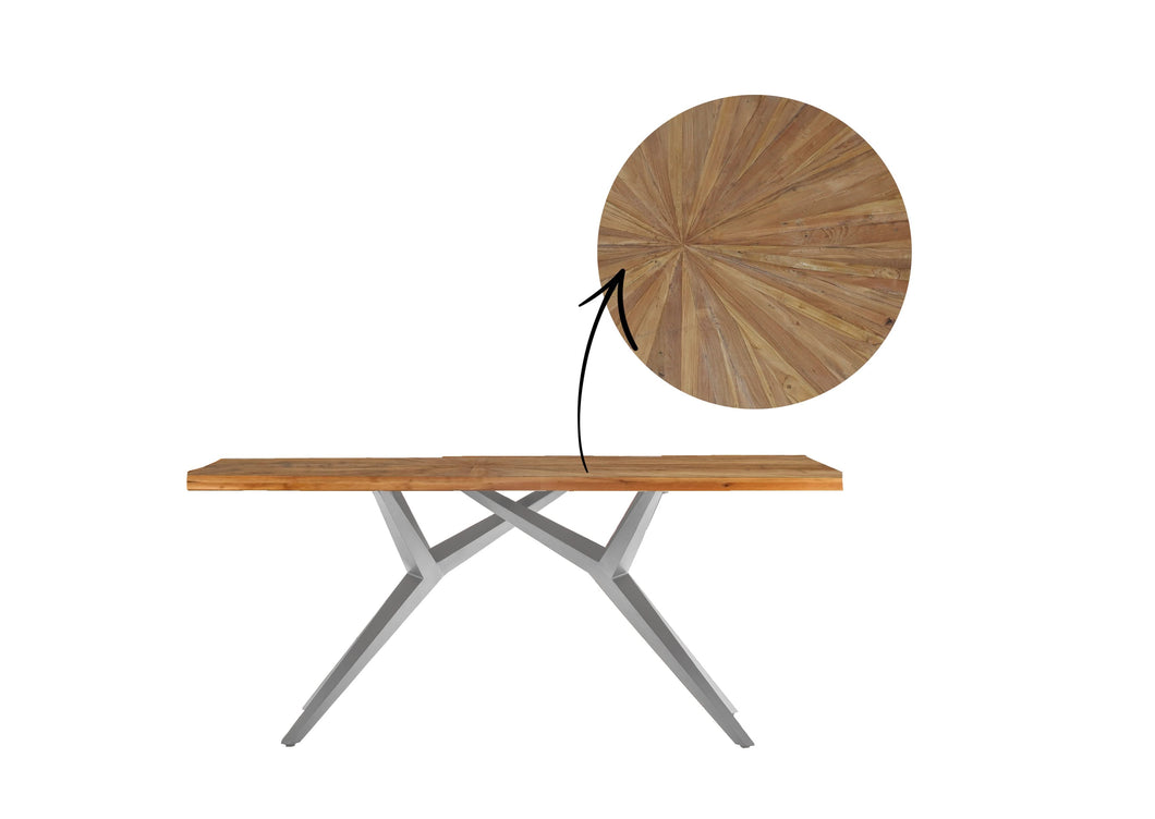 Tisch 180x100 cm Platte Teak mit Sonnenmuster, extravagantes silbernes Gestell | Plattenstärke 50 mm
