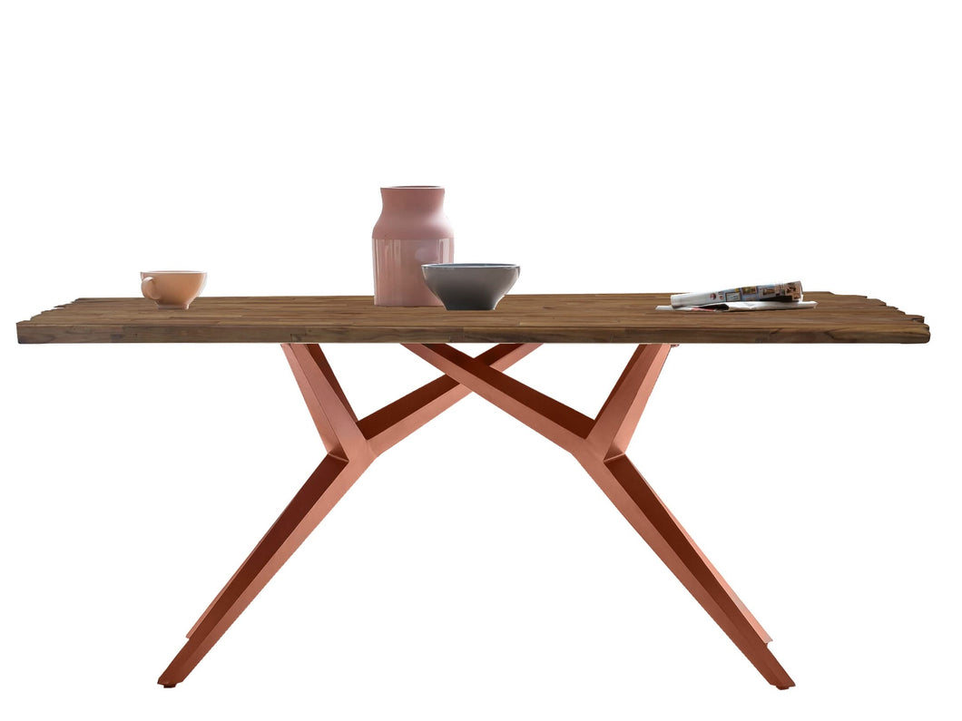 Tisch 200x100 cm Platte Teak mit Bruchkante, extravagantes braunes Gestell | Plattenstärke aufgedoppelt auf 50 mm