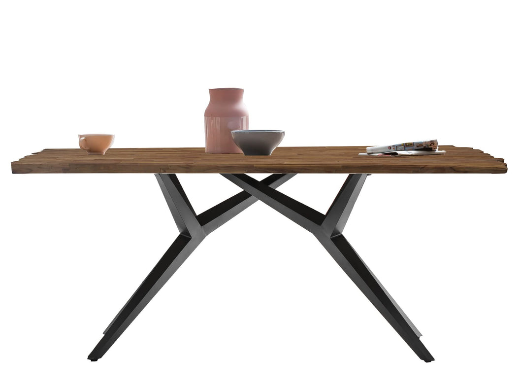 Tisch 160x90 cm Platte Teak mit Bruchkante, extravagantes schwarzes Gestell | Plattenstärke aufgedoppelt auf 50 mm