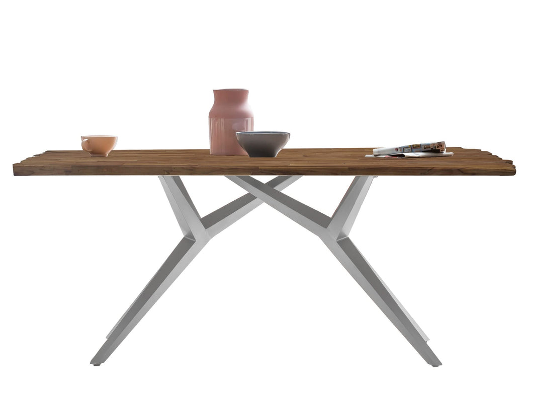 Tisch 220x100 cm Platte Teak mit Bruchkante, extravagantes silbernes Gestell | Plattenstärke aufgedoppelt auf 50 mm