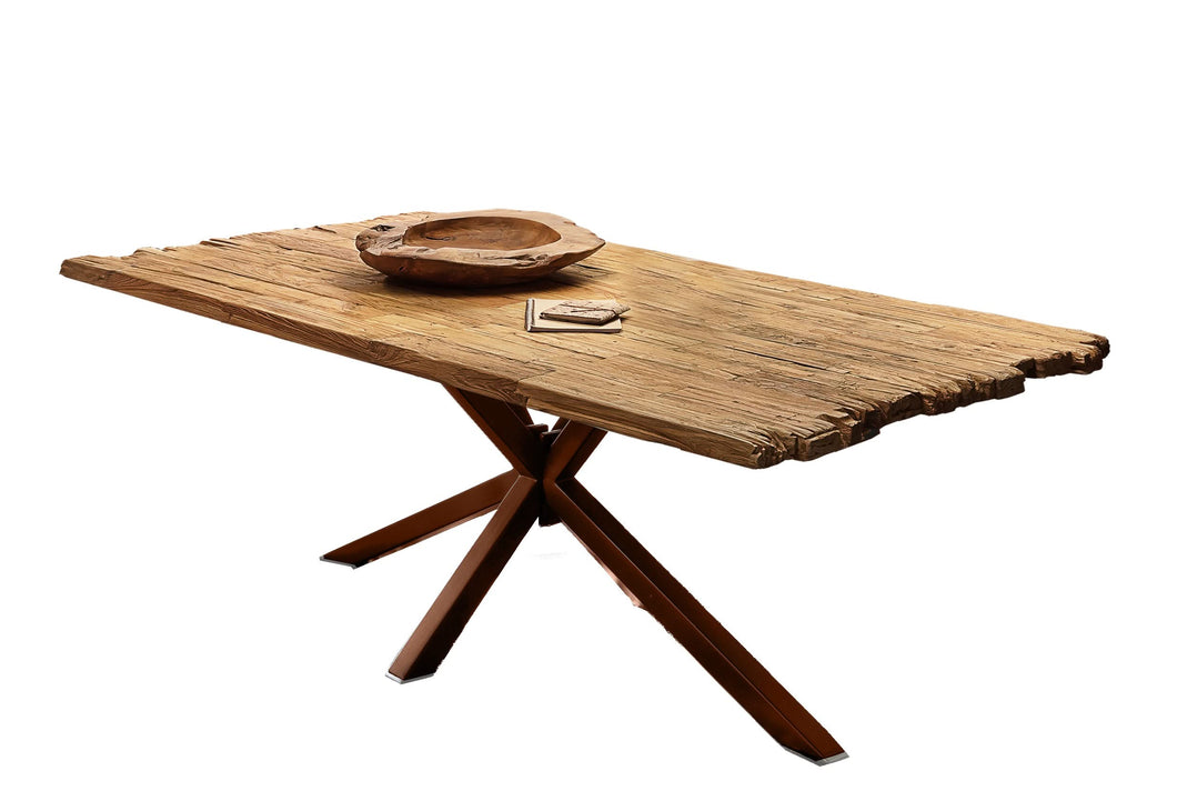Tisch 180x100 cm Platte recyceltes Teak, Gestell antikbraun | Plattenstärke 20 mm auf 50 mm aufgedoppelt, Vierkantrohre 6x6 cm