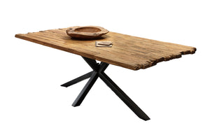 Tisch 220x100 cm Platte recyceltes Teak, Gestell antikschwarz | Plattenstärke 20 mm auf 50 mm aufgedoppelt, Vierkantrohre 6x6 cm