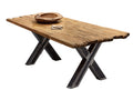 Tisch 220x100 cm Platte recyceltes Teak, Gestell used look, klar lackiert | Plattenstärke aufgedoppelt auf 50 mm, Abstand zwischen den Beinen: 150 cm, Rohr 10 x 10 cm, Wandstärke 1,4 mm, untere Höhe der Kreuzung 28 cm, obere Höhe 45 cm